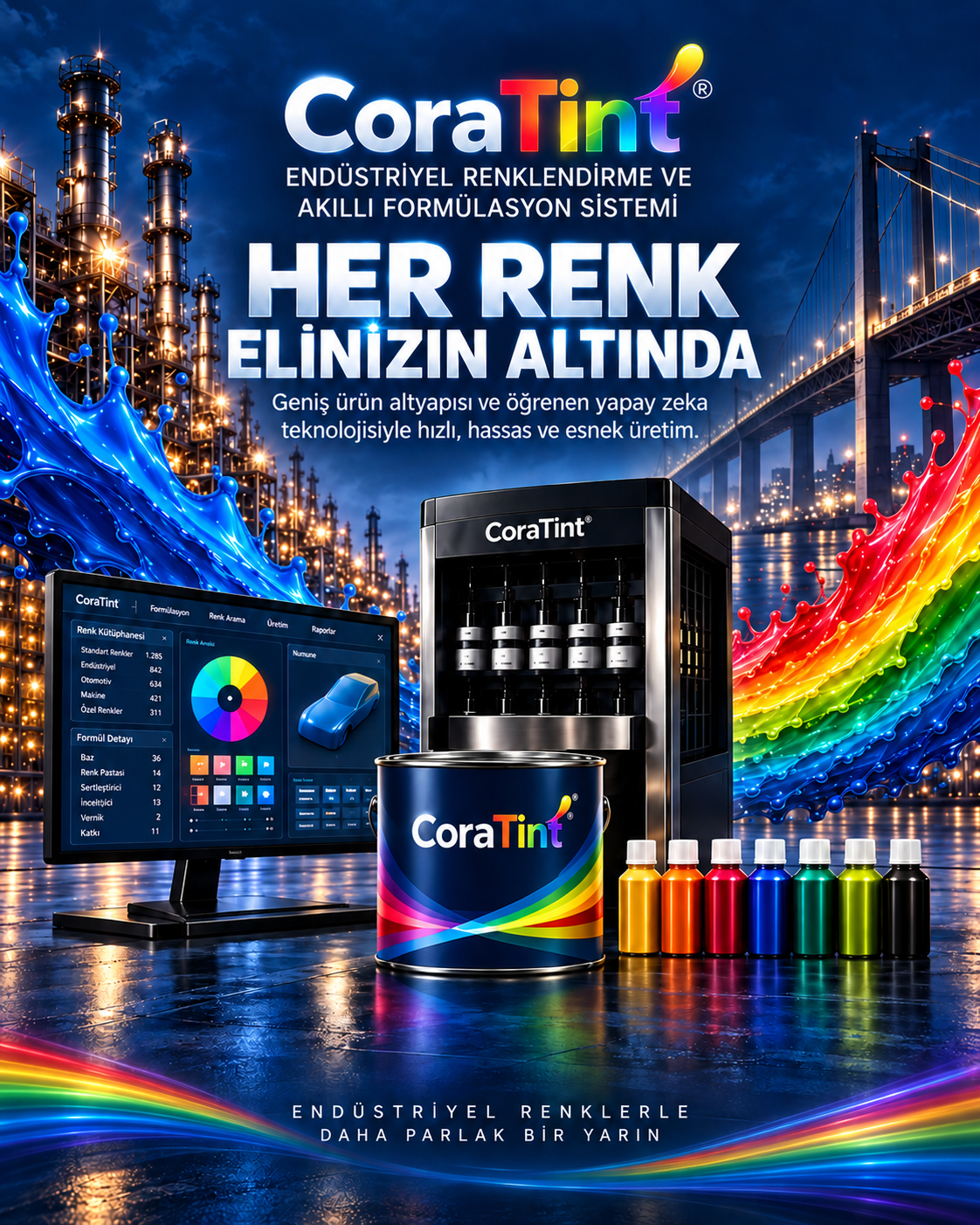 CoraTint tanıtım görseli: formül ve renk örnekleri
